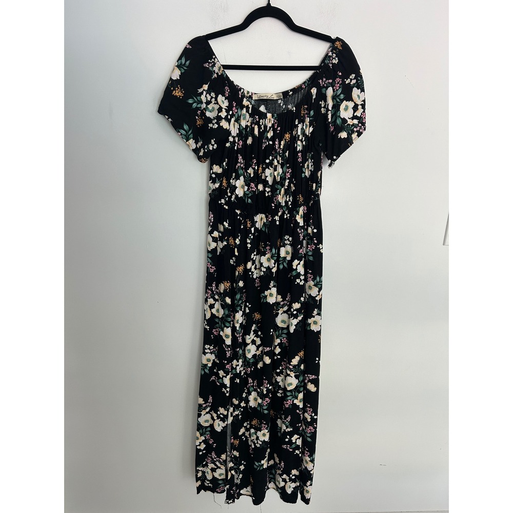Liberty Love Black Floral Maxi Dress Short Sleeve Side Slits Smocked 2XL Rayon